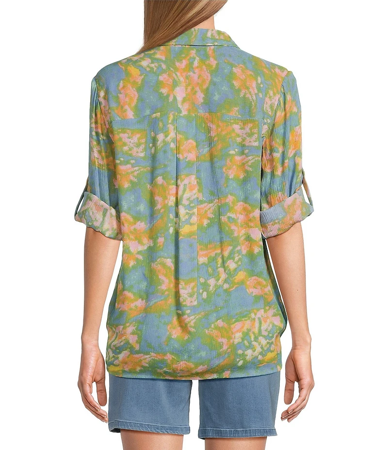 Intro Crinkle Gauze Printed Point Collar 3/4 Roll-Tab Sleeve Tie Front Hem Button Front Shirt