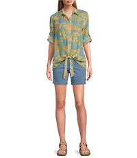 Intro Crinkle Gauze Printed Point Collar 3/4 Roll-Tab Sleeve Tie Front Hem Button Front Shirt