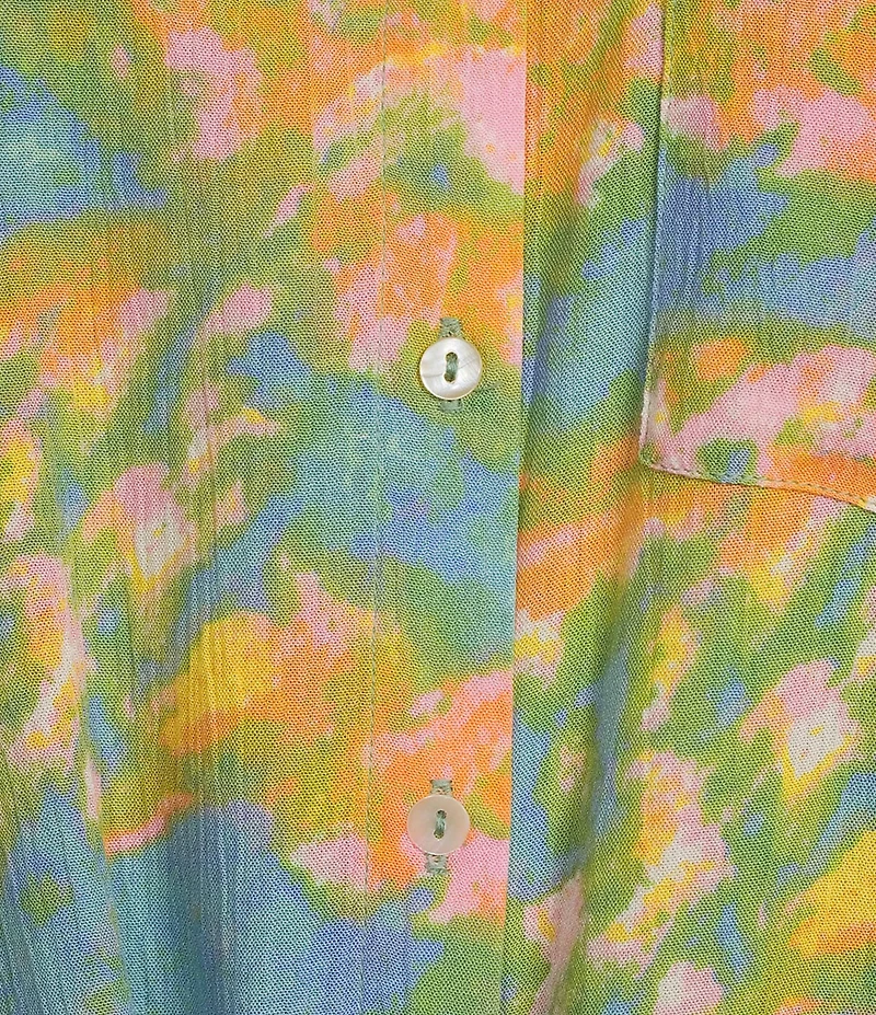 Intro Crinkle Gauze Printed Point Collar 3/4 Roll-Tab Sleeve Tie Front Hem Button Front Shirt