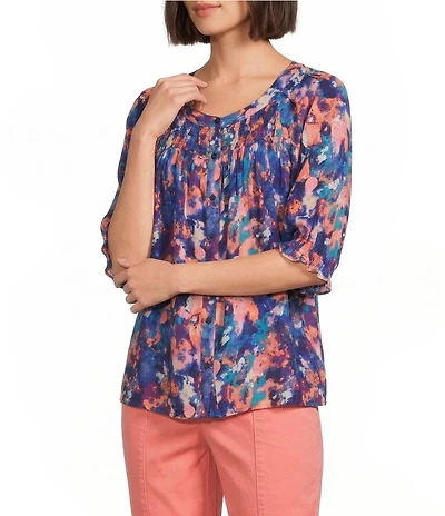 Intro Crinkle Gauze Printed Scoop Neck Elbow Sleeve Button-Front Blouse