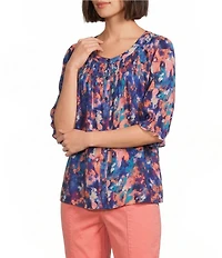 Intro Crinkle Gauze Printed Scoop Neck Elbow Sleeve Button-Front Blouse