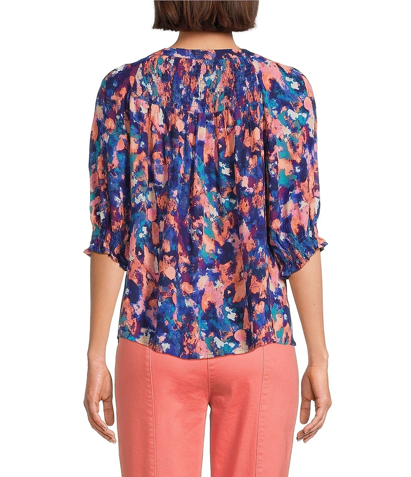 Intro Crinkle Gauze Printed Scoop Neck Elbow Sleeve Button-Front Blouse