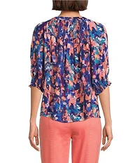 Intro Crinkle Gauze Printed Scoop Neck Elbow Sleeve Button-Front Blouse