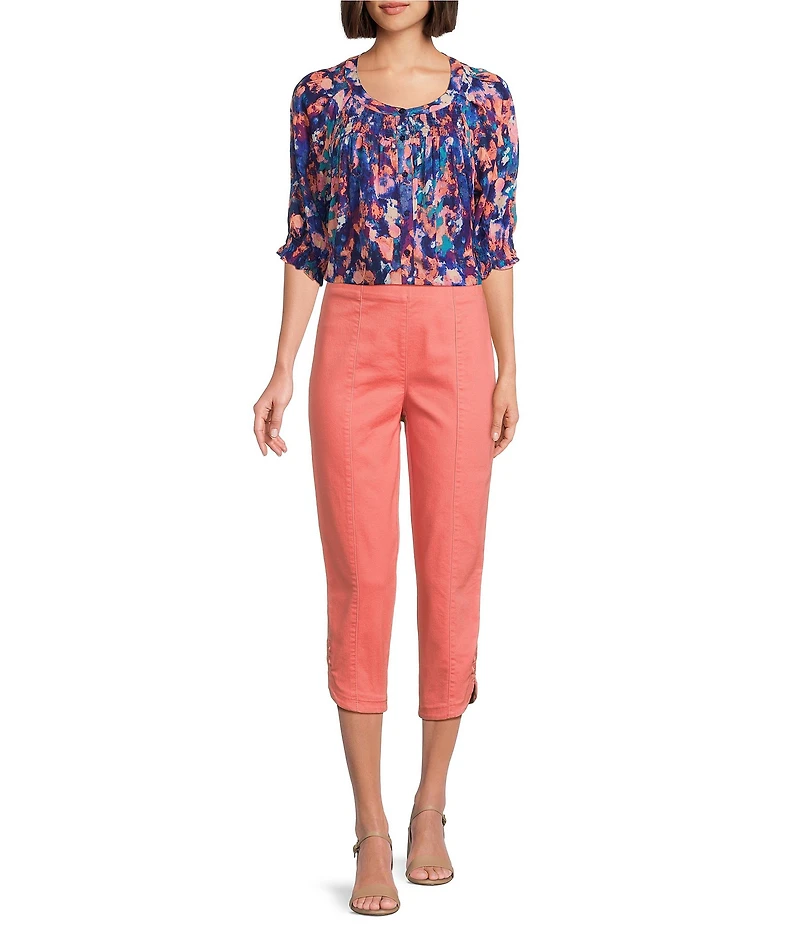 Intro Crinkle Gauze Printed Scoop Neck Elbow Sleeve Button-Front Blouse