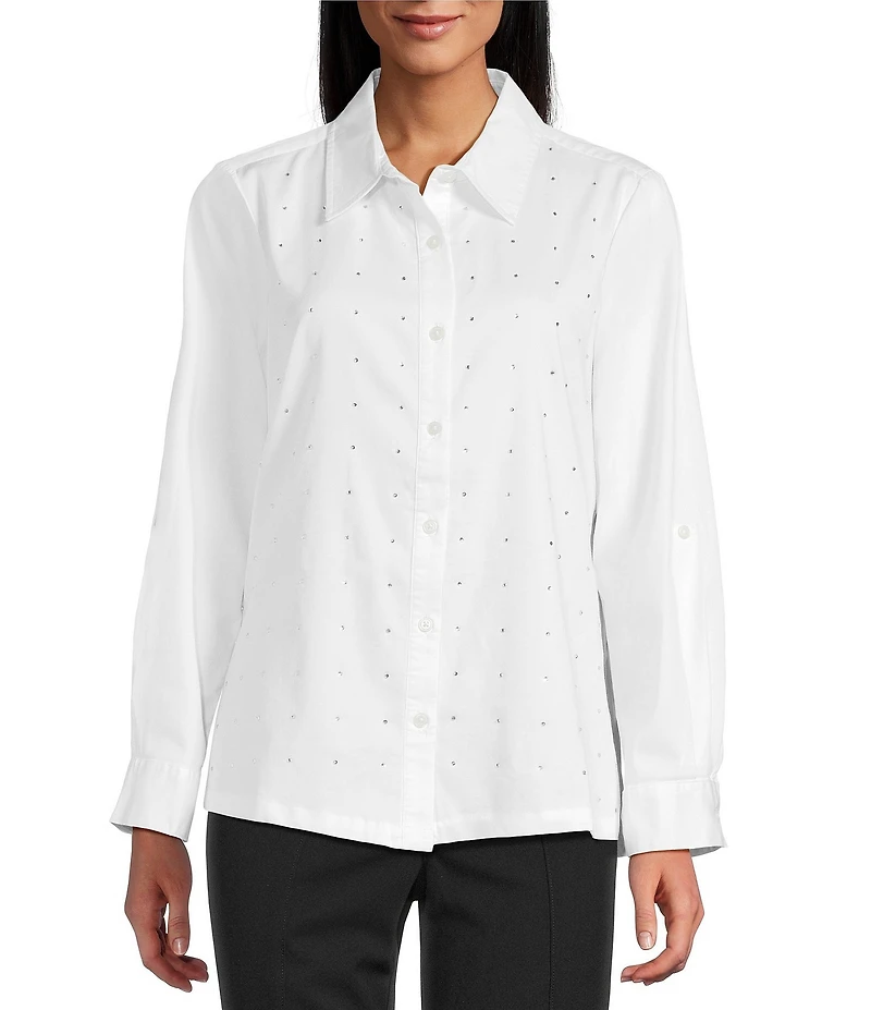 Intro Crystal Embellished Front Long Roll-Tab Sleeve Button-Front Shirt