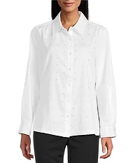 Intro Crystal Embellished Front Long Roll-Tab Sleeve Button-Front Shirt