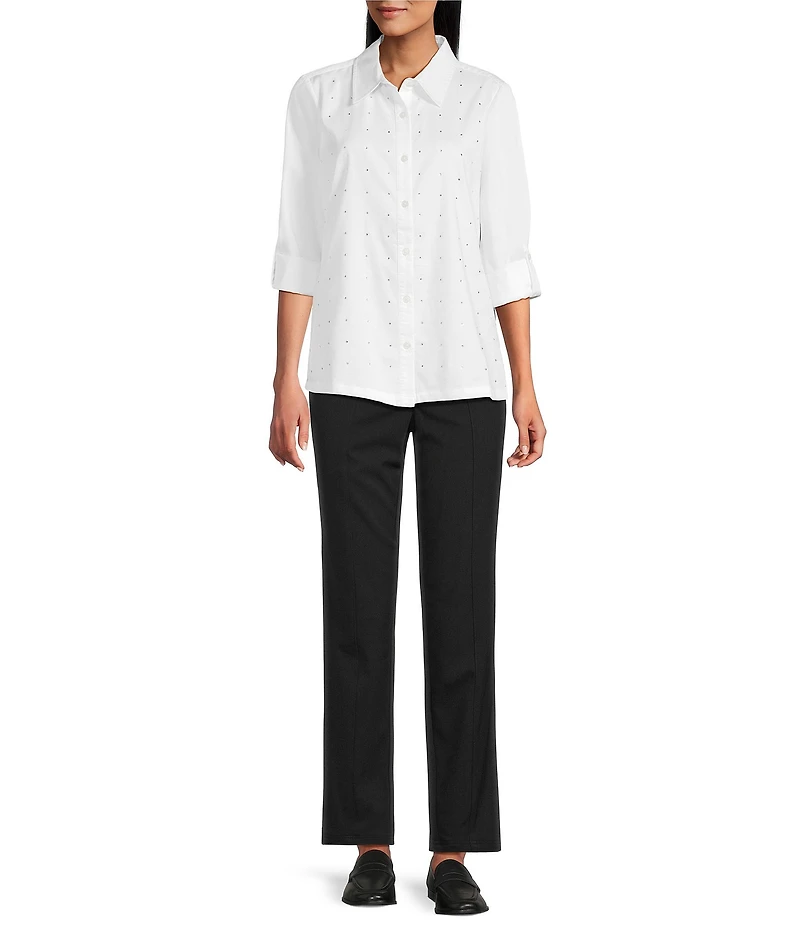 Intro Crystal Embellished Front Long Roll-Tab Sleeve Button-Front Shirt