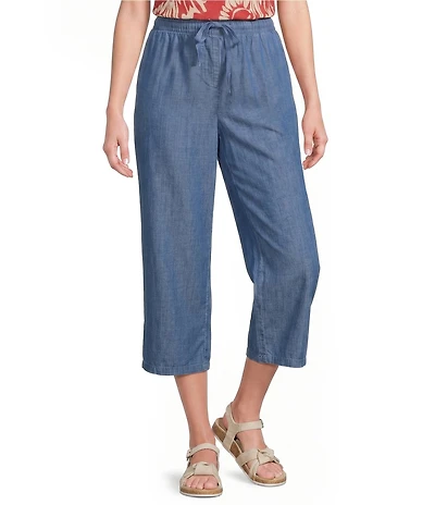 Intro Elara Embroidered Hem Drawstring Tie Pull-On Denim Capri Pants
