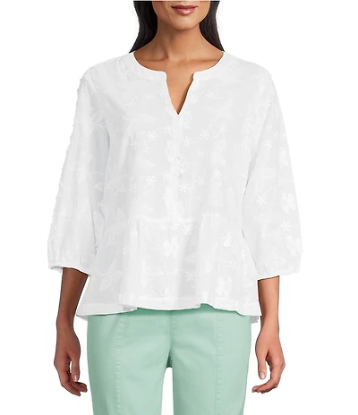 Intro Embroidered Floral Split Scoop V-Neck 3/4 Sleeve Peplum Blouse