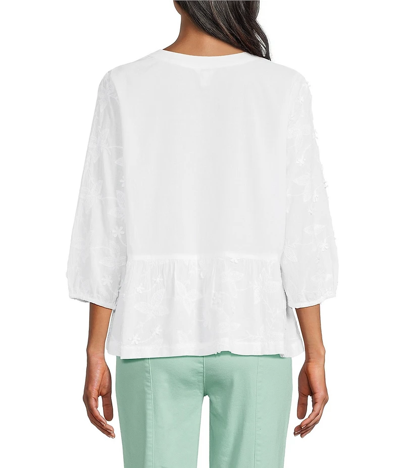 Intro Embroidered Floral Split Scoop V-Neck 3/4 Sleeve Peplum Blouse