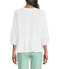 Intro Embroidered Floral Split Scoop V-Neck 3/4 Sleeve Peplum Blouse