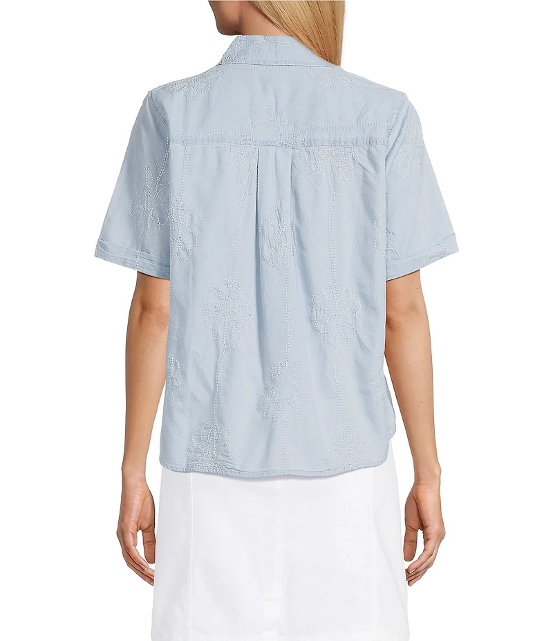 Intro Embroidered Flowers Point Collar Elbow Sleeve Shirttail Hem Shirt