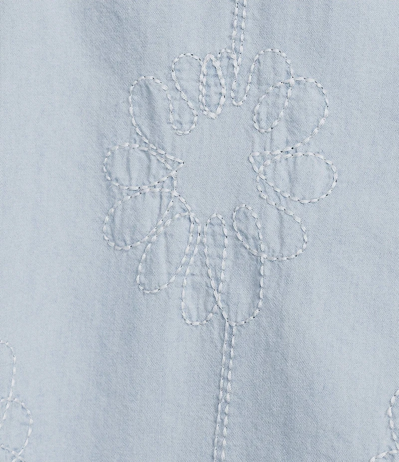 Intro Embroidered Flowers Point Collar Elbow Sleeve Shirttail Hem Shirt