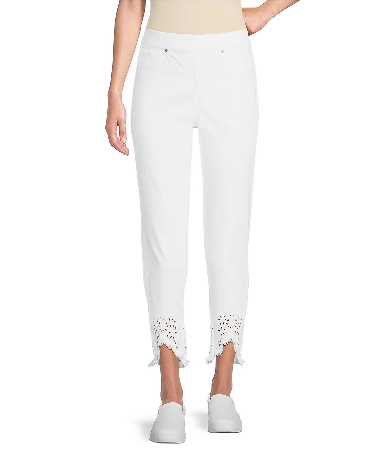 Intro Straight Leg Tulip Eyelet Embroidered Frayed Hem Pull-On Ankle Pants