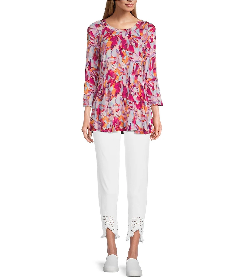 Intro Straight Leg Tulip Eyelet Embroidered Frayed Hem Pull-On Ankle Pants