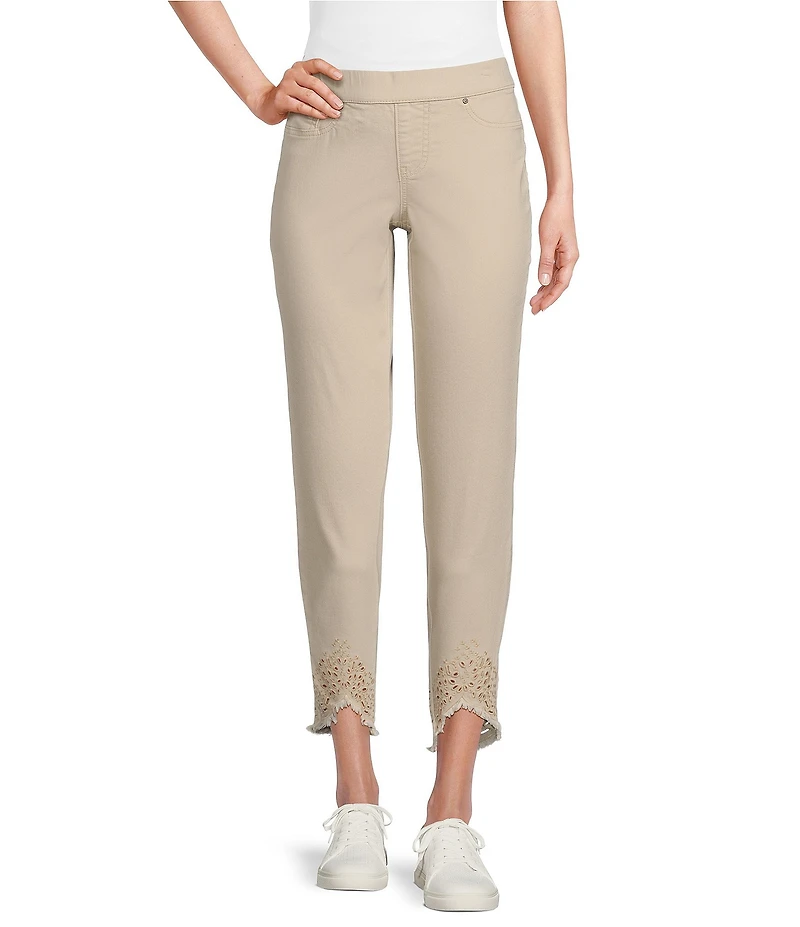 Intro Straight Leg Tulip Eyelet Embroidered Frayed Hem Pull-On Ankle Pants