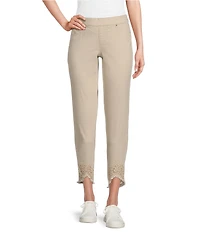 Intro Straight Leg Tulip Eyelet Embroidered Frayed Hem Pull-On Ankle Pants