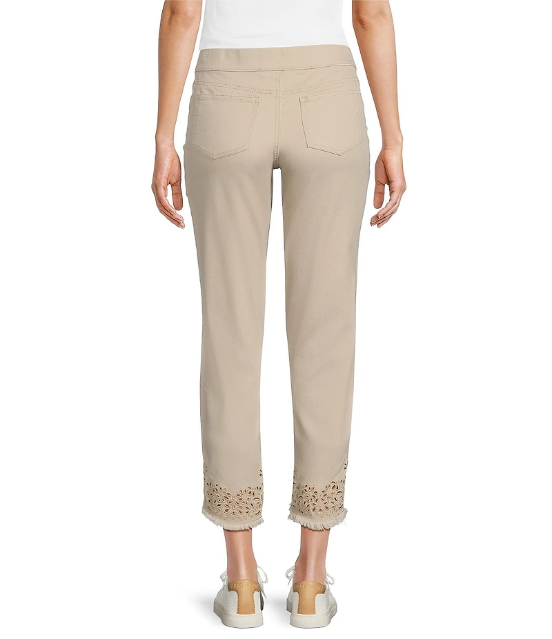 Intro Straight Leg Tulip Eyelet Embroidered Frayed Hem Pull-On Ankle Pants
