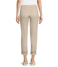 Intro Straight Leg Tulip Eyelet Embroidered Frayed Hem Pull-On Ankle Pants