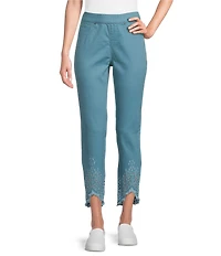 Intro Straight Leg Tulip Eyelet Embroidered Frayed Hem Pull-On Ankle Pants