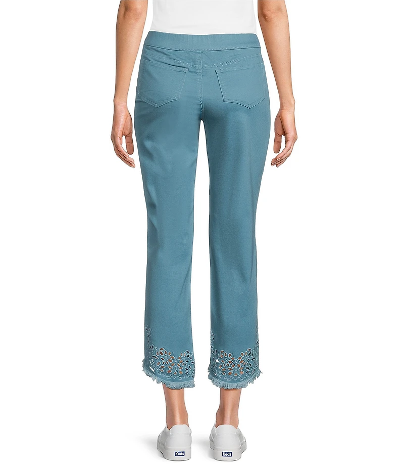 Intro Straight Leg Tulip Eyelet Embroidered Frayed Hem Pull-On Ankle Pants