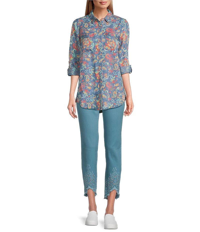 Intro Straight Leg Tulip Eyelet Embroidered Frayed Hem Pull-On Ankle Pants