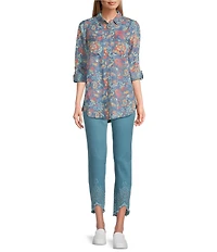 Intro Straight Leg Tulip Eyelet Embroidered Frayed Hem Pull-On Ankle Pants
