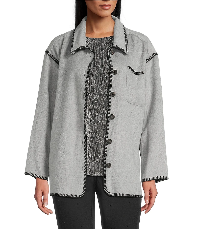 Intro Embroidered Whipstitch Grey/Black Point Collar Long Sleeve Button-Front Shirt Jacket