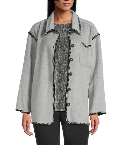 Intro Embroidered Whipstitch Grey/Black Point Collar Long Sleeve Button-Front Shirt Jacket