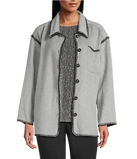 Intro Embroidered Whipstitch Grey/Black Point Collar Long Sleeve Button-Front Shirt Jacket
