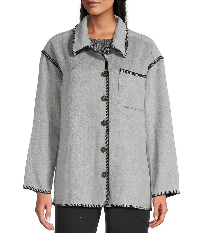 Intro Embroidered Whipstitch Grey/Black Point Collar Long Sleeve Button-Front Shirt Jacket