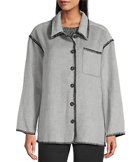 Intro Embroidered Whipstitch Grey/Black Point Collar Long Sleeve Button-Front Shirt Jacket