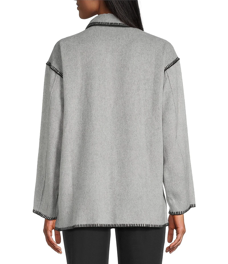 Intro Embroidered Whipstitch Grey/Black Point Collar Long Sleeve Button-Front Shirt Jacket