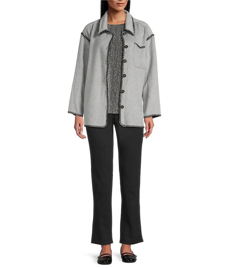 Intro Embroidered Whipstitch Grey/Black Point Collar Long Sleeve Button-Front Shirt Jacket