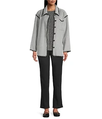 Intro Embroidered Whipstitch Grey/Black Point Collar Long Sleeve Button-Front Shirt Jacket