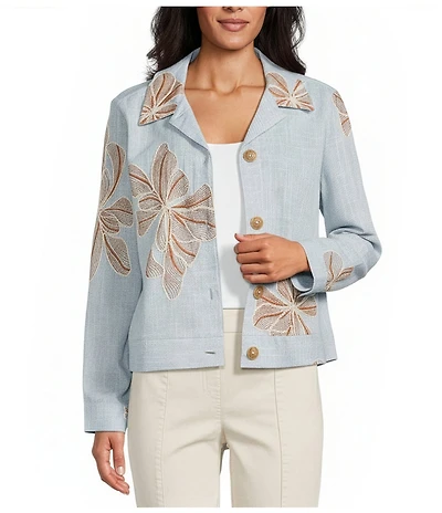 Intro Floral Embroidery Point Collar Long Sleeve Button-Front Jacket