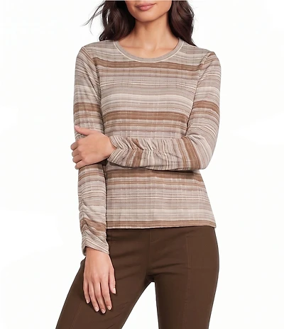Intro Jersey Knit Yarn Dye Stripe Crew Neck 3/4 Sleeve Top