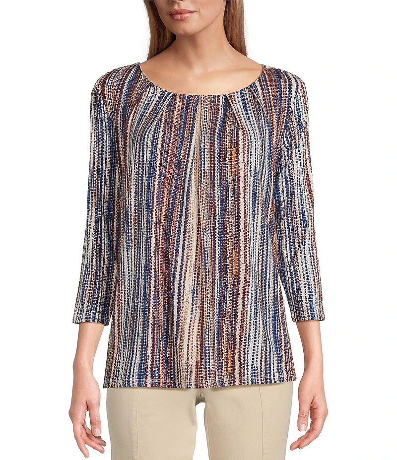 Intro Knit Jersey Abstract Stripe 3/4 Sleeve Pleated Neck Tee