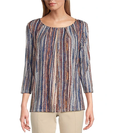 Intro Knit Jersey Abstract Stripe 3/4 Sleeve Pleated Neck Tee