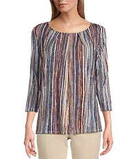 Intro Knit Jersey Abstract Stripe 3/4 Sleeve Pleated Neck Tee