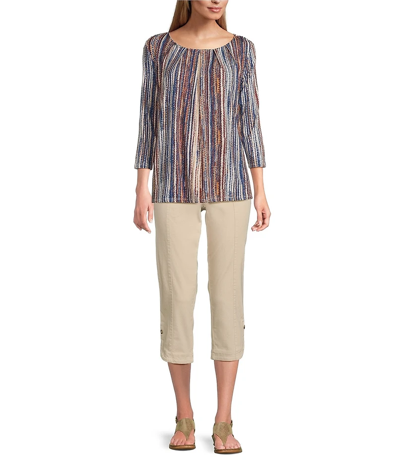Intro Knit Jersey Abstract Stripe 3/4 Sleeve Pleated Neck Tee