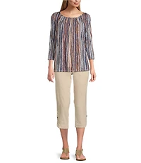 Intro Knit Jersey Abstract Stripe 3/4 Sleeve Pleated Neck Tee