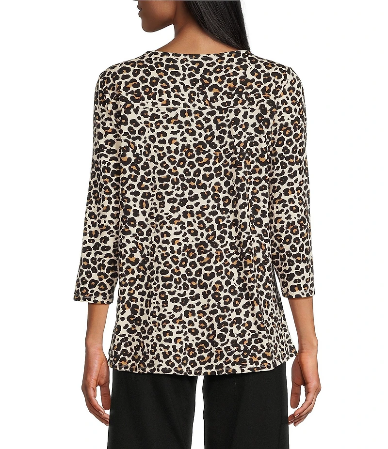 Intro Knit Jersey Animal Print 3/4 Sleeve Pleated Neck Tee