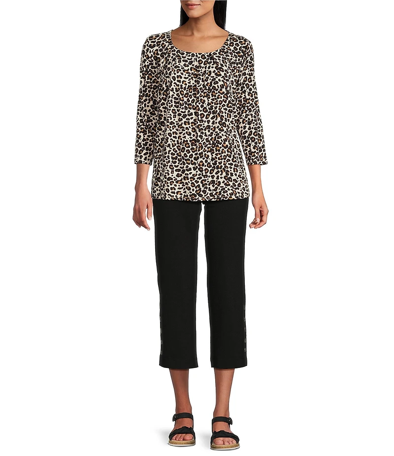 Intro Knit Jersey Animal Print 3/4 Sleeve Pleated Neck Tee