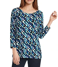 Intro Knit Jersey Bright White Abstract Print Boat Neck 3/4 Sleeve Tee