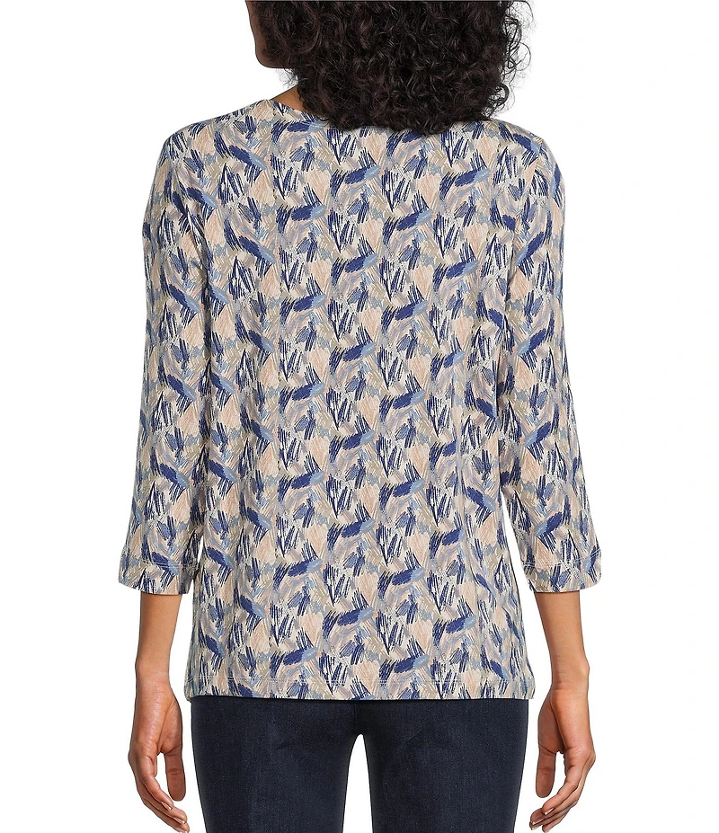 Intro Knit Jersey Classic Khaki Abstract Print Boat Neck 3/4 Sleeve Tee