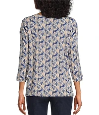 Intro Knit Jersey Classic Khaki Abstract Print Boat Neck 3/4 Sleeve Tee