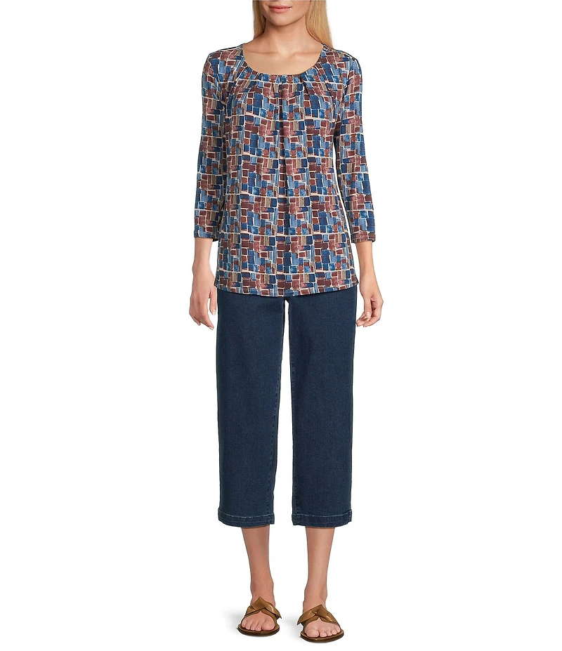 Intro Knit Jersey Geo Print 3/4 Sleeve Pleated Neck Tee