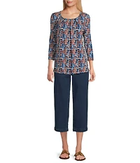 Intro Knit Jersey Geo Print 3/4 Sleeve Pleated Neck Tee