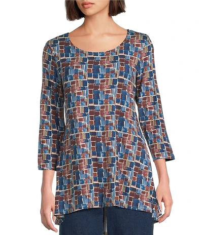 Intro Knit Jersey Painted Geo Textured Print 3/4 Sleeve Hi-Low Top